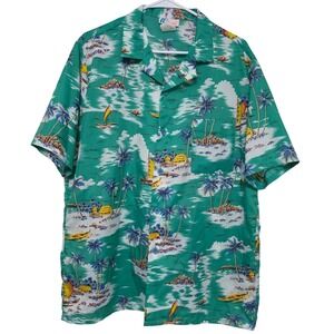 Vintage 80s Islander Hawaiian Shirt XL Green Tropical Island Beach Palm Made USA
